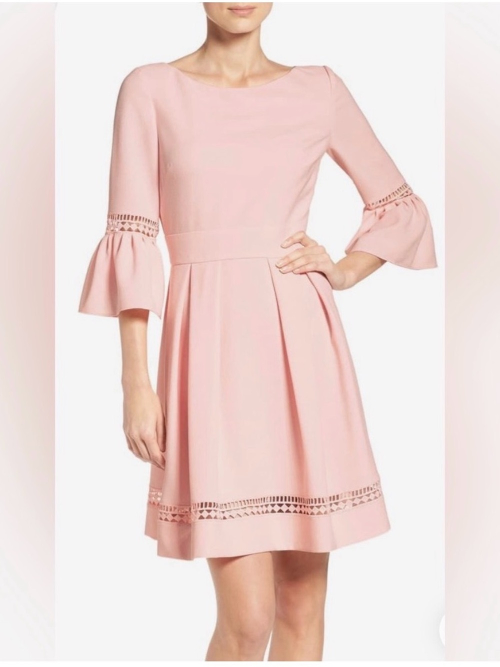 Eliza J Light Pink Bell-Sleeve Lace Insert Ruffle Fit & Flare Dress Top